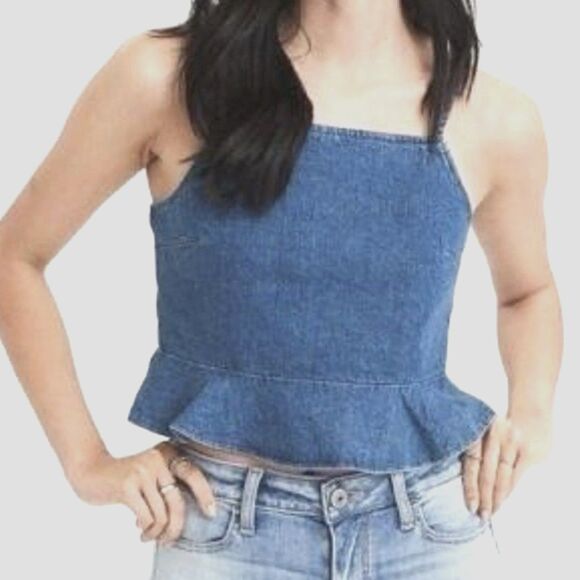 American Eagle Outfitters Tops - American Eagle Denim Tank Top Womens Medium Cropped Ruffle Bottom Smocked Back